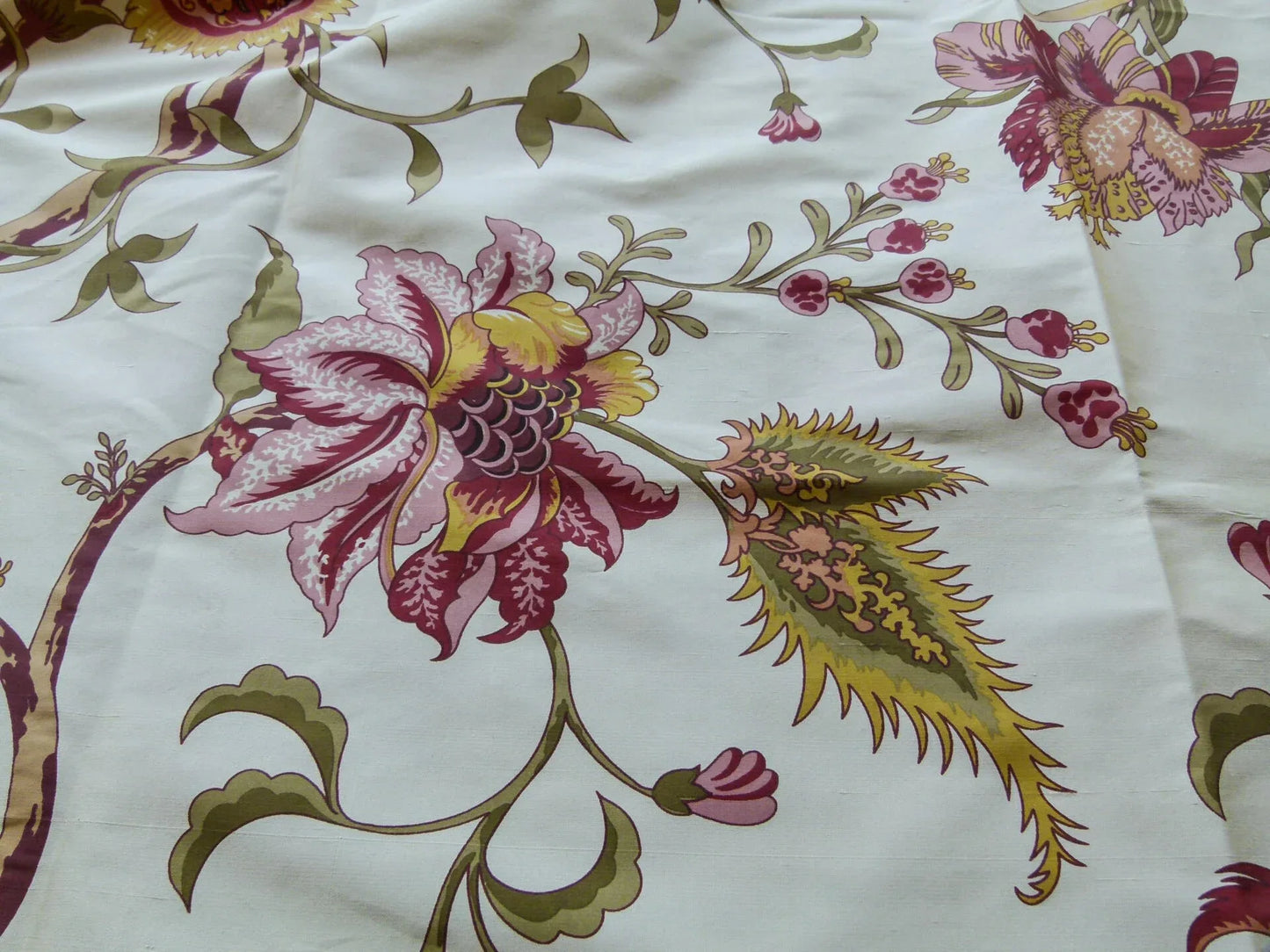 42 EV24 2.4 yard Scalamandre Baradi Blossom On Chablis Pink Jacobean Palampore Tree Of Life Printed Silk Pink Green On Cream White MSRP USD 192/y