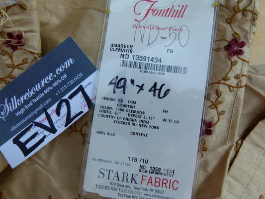 4 EV27 1.4yrd x 46"wide Scalamandre AMARESH Clematis Silk Embroidery Gold