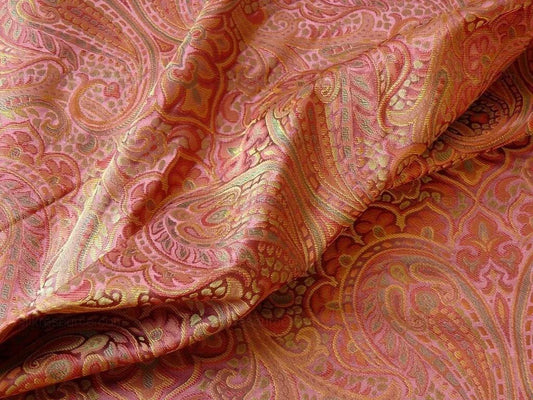 by yard 100% Silk Lampas Small Jewelled Paisley "persimmon" Pink Red Gold