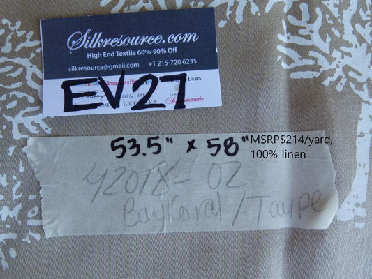 22 EV27 1.5yd x 58″wide Scalamandre Bay Coral Taupe Hn White Coral On A Solid-colored Ground Grey White MSRP USD214
