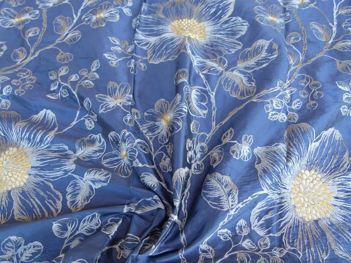 27 EV27 2.4yd x 48″wide Scalamandre Princess Silk Patriot Blue and Gold Large Flora Embroidery MSRP USD 400+/yard