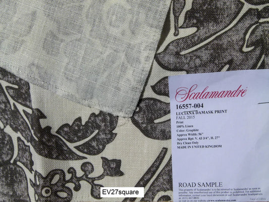 Scalamandre Luciana Damask Graphite Print Linen Ink Black - Square 26"x26"