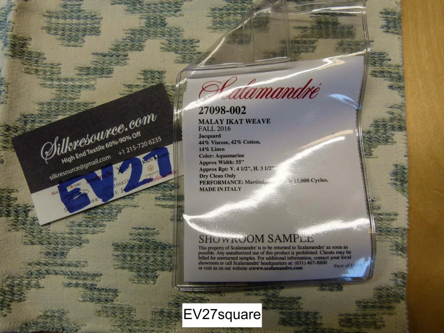 Scalamandre Malay Ikat Weave Aquamarine Jacquard Diamond Ogee Green - Square