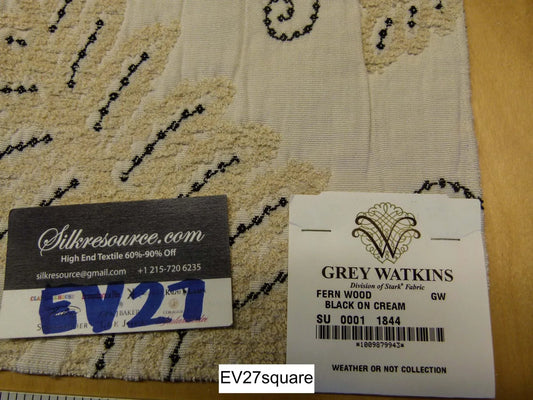 Scalamandre Grey Watkins Fern Wood Black on Cream Embroidery Linen Scroll Botanical Foliage - Square