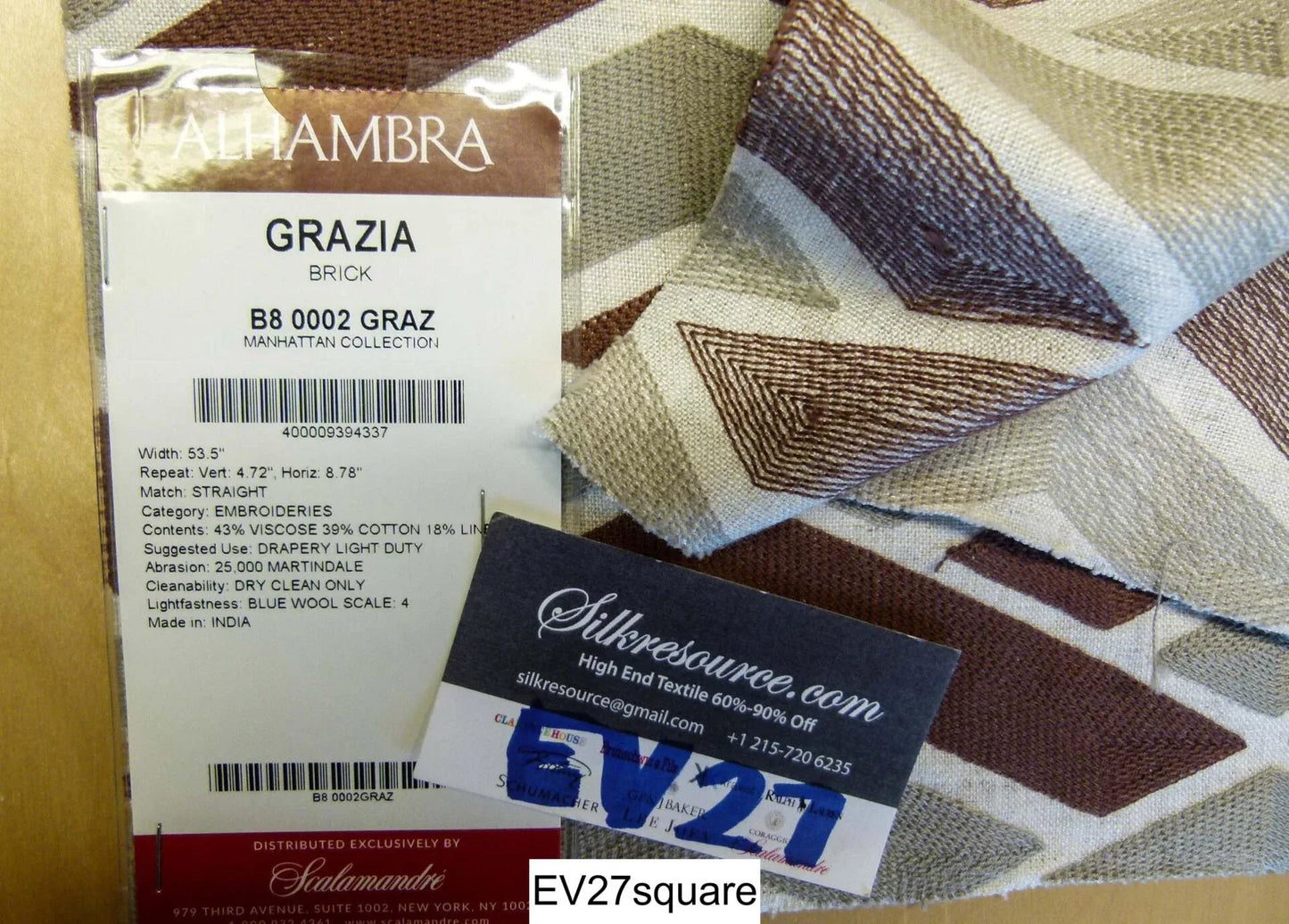 Scalamandre Alhambra Grazia Brick Embroidery - Square, Brown Gray White