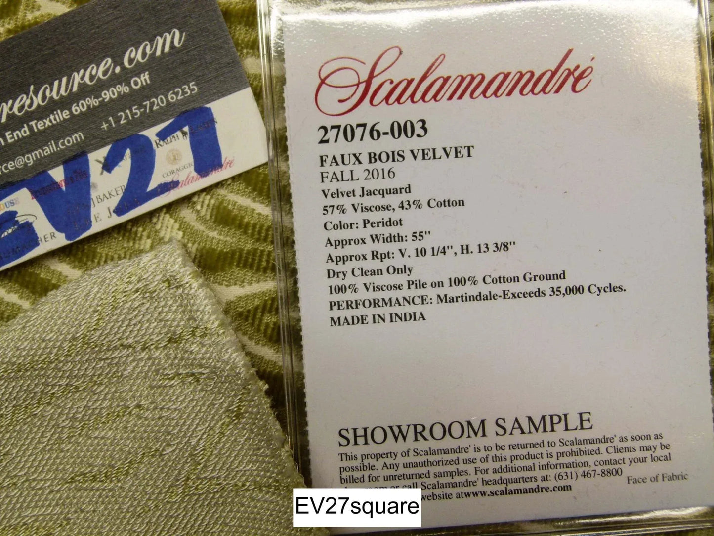 Scalamandre Faux Bois Velvet Peridot Cut Velvet Abstract Green - Square MSRP USD594/Y