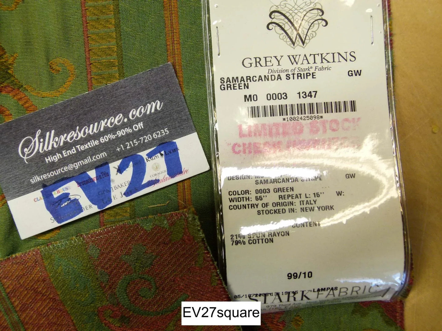 Scalamandre Grey Watkins Samarcanda Stripe Green Botanical Scroll - 34 Inches x 26 Inches Square