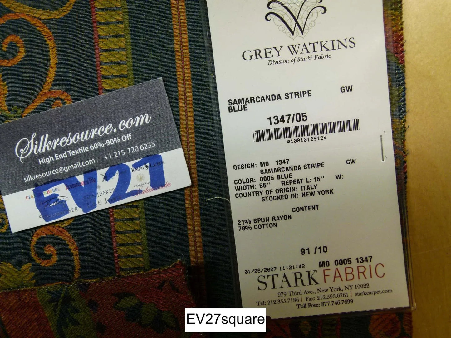 Scalamandre Grey Watkins Samarcanda Stripe Blue Botanical Scroll - Square 26 inches x 27 inches