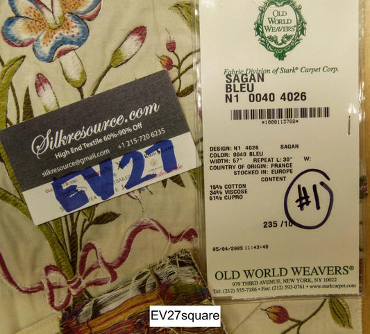 Scalamandre Old World Weaver Sagan Bleu Floral Botanical Foliage Butterfly on Cream - Square 25 Inches x 27 Inches