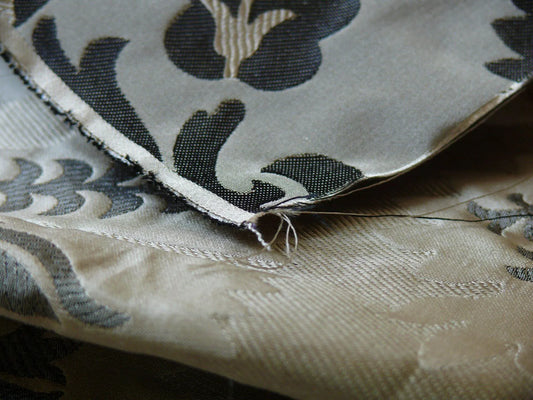 100%silk Lampas Tulip Fan Damask 536 "smoke" Black Charcoal Silver Gold Bty MSRP USD296/y!