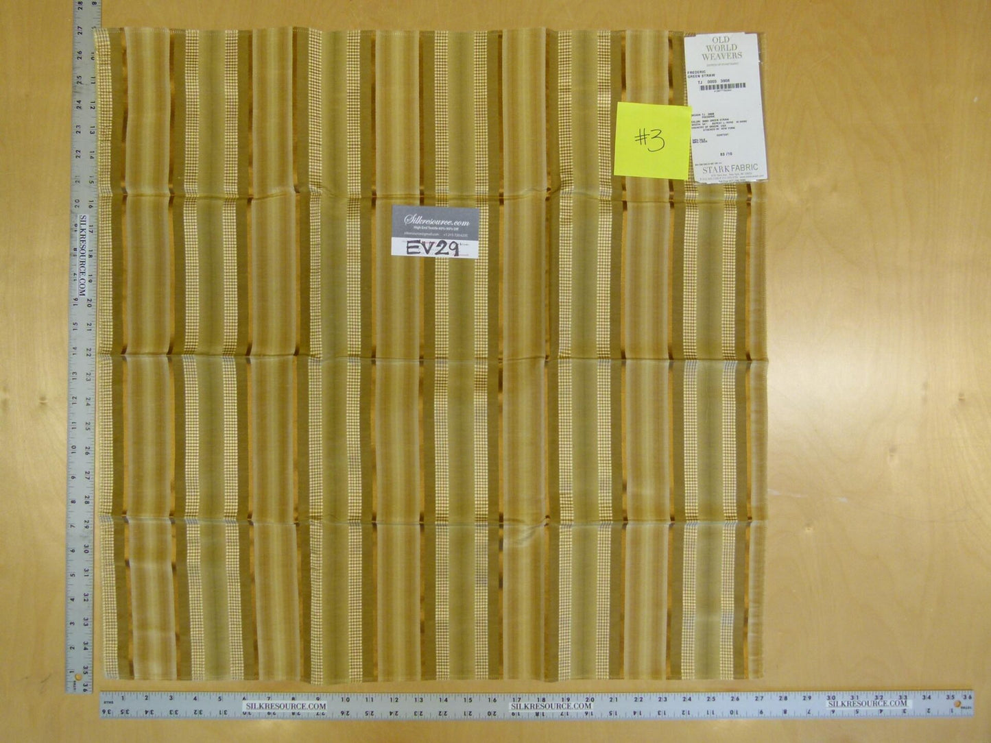 3 EV29 Scalamandre Old World Weavers Frederic Green Straw Silk Linen Beige Stripe 3 Pieces 26"x27"
