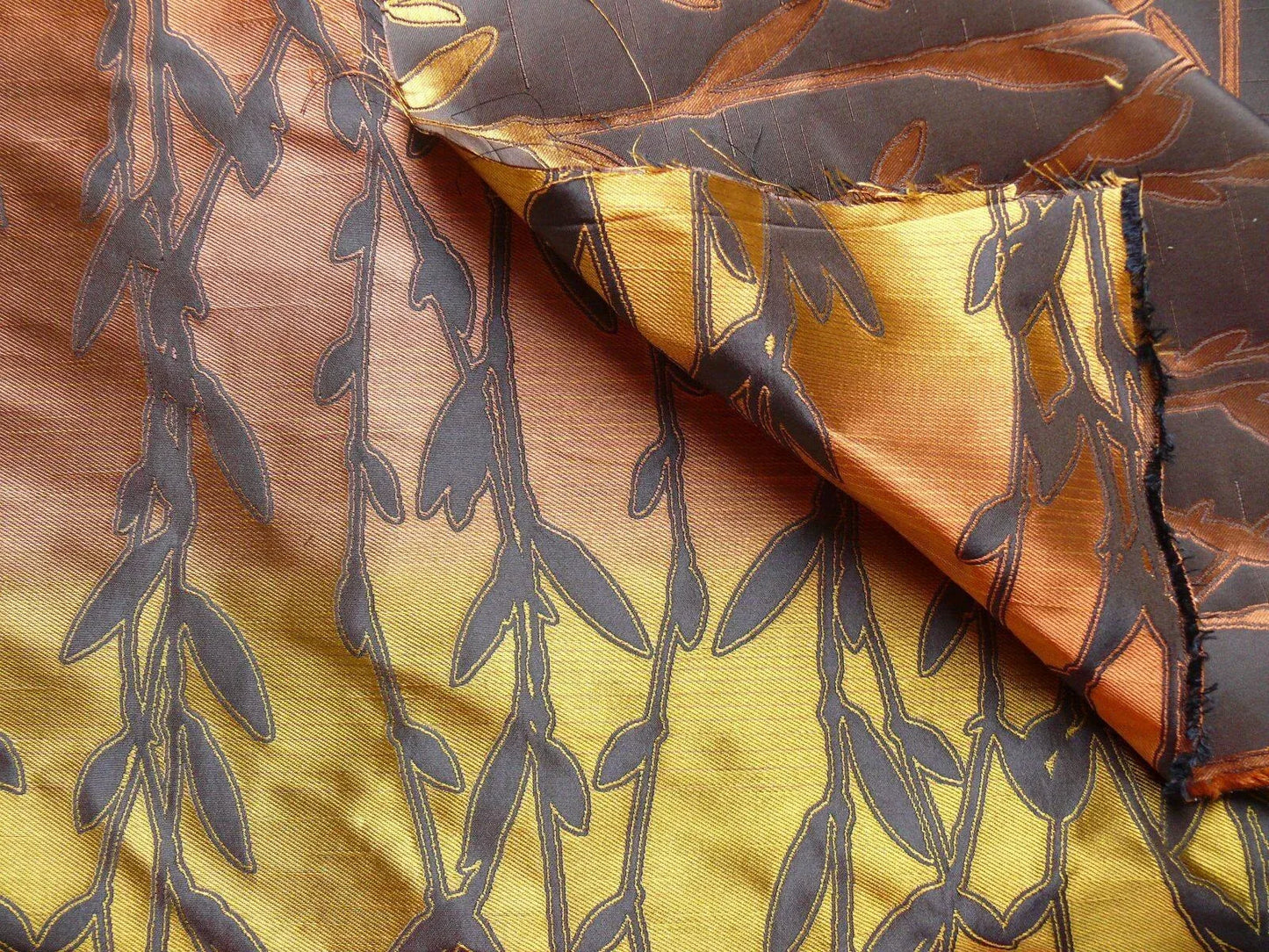 By Yard Heavy! 100%silk Lampas Pussy Willow Tree Branch Gold Brown