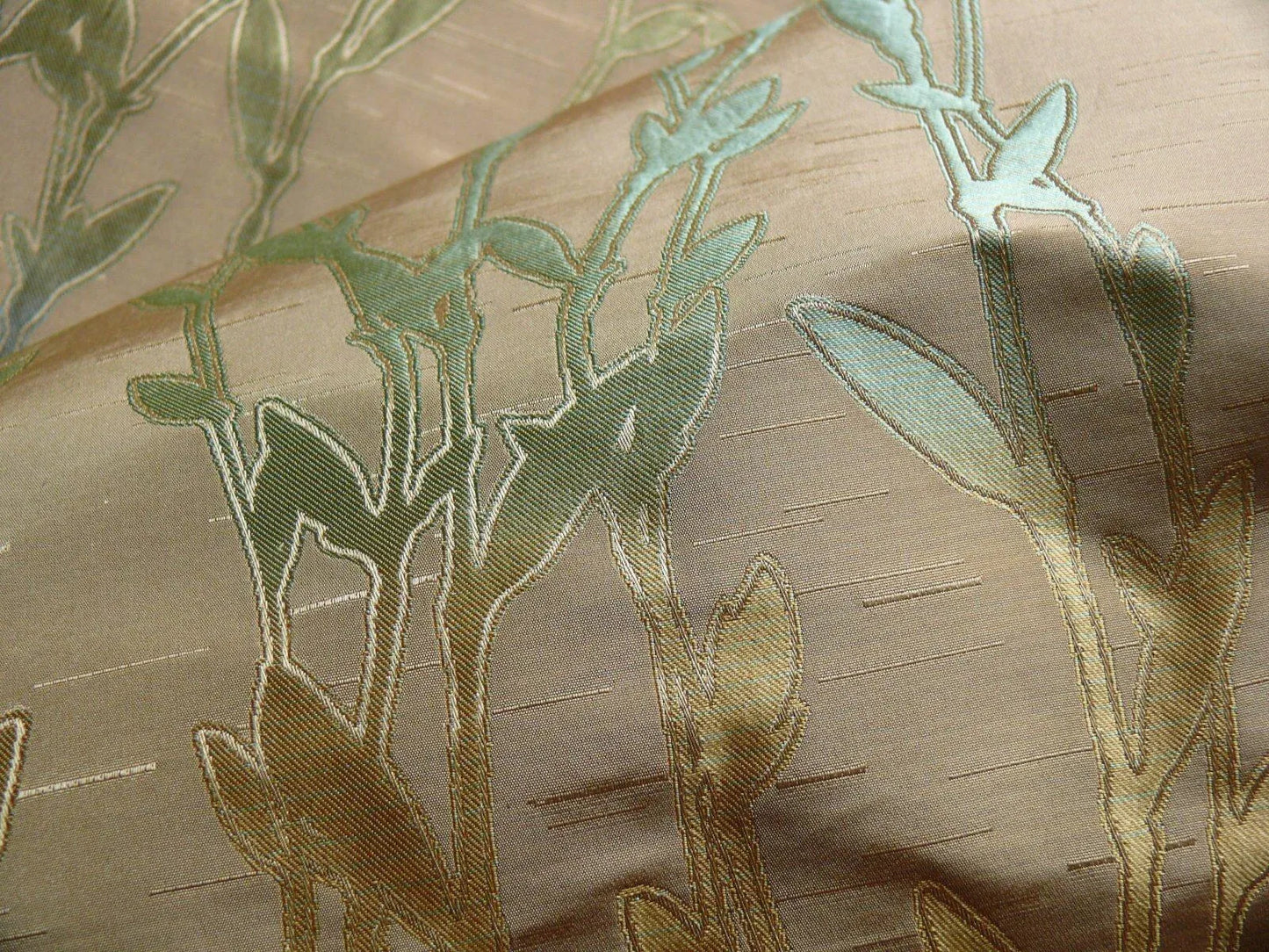 By Yard Heavy! 100%silk Lampas Pussy Willow Tree Julep Brown Gold Blue