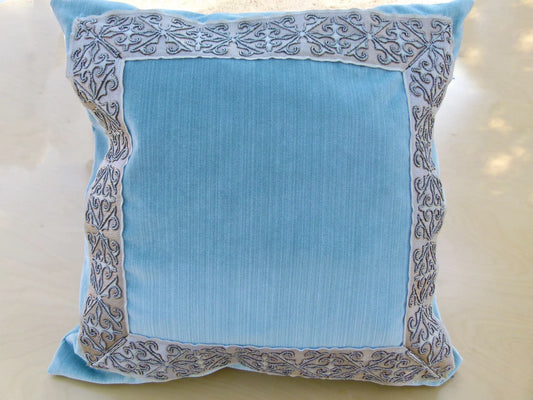 Scalamandre Pillow Case MET Saxony Square Strie Velvet Light Blue Damask Plains Texture 22x22 inches MSRP USD 978/y