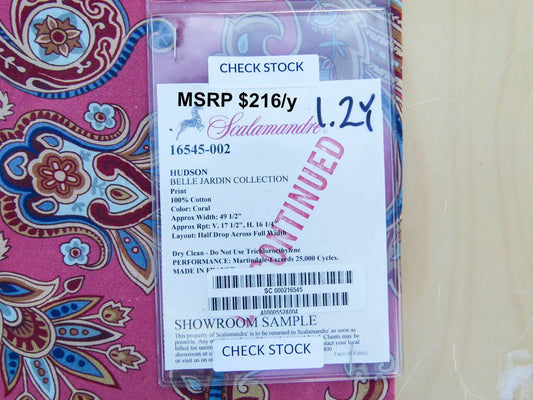 Scalamandre Length 1.2y Hudson Coral White Paisley Printed Cotton Sateen Belle Jardin Collection Fr France MSRP USD 216/y