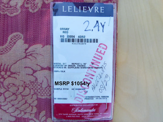 Scalamandre Length 2.4y Lelievre Orsay Red Silk Floral MSRP USD 1054/y