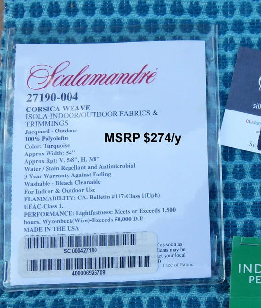 12 EV30 Square Scalamandre Corsica Weave Turquoise Blue Jacquard Outdoor Polyolefin MSRP USD274/y