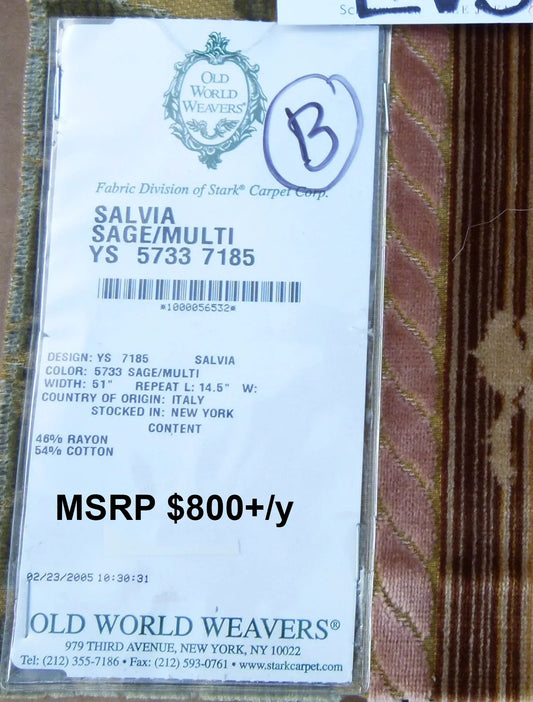 16 EV30 Square Scalamandre Salvia Sage/ Multi Velvet Stripe Botanical Damask MSRP USD800+/y