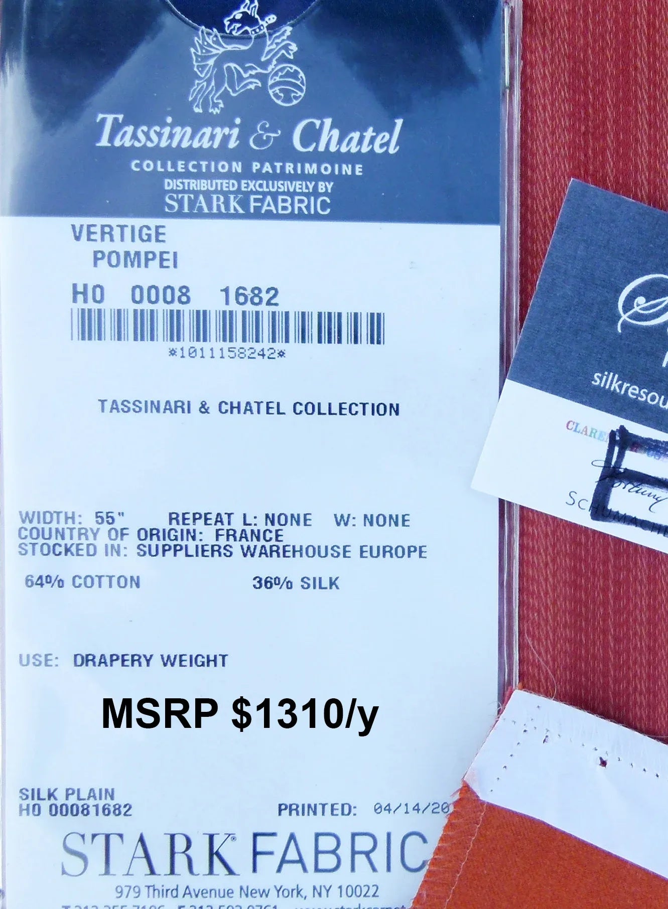 29 EV30 Scalamandre Tassinari and Chatel Vertige Pompei Red Strie Solid Square 24x27 inches MSRP USD1310/y