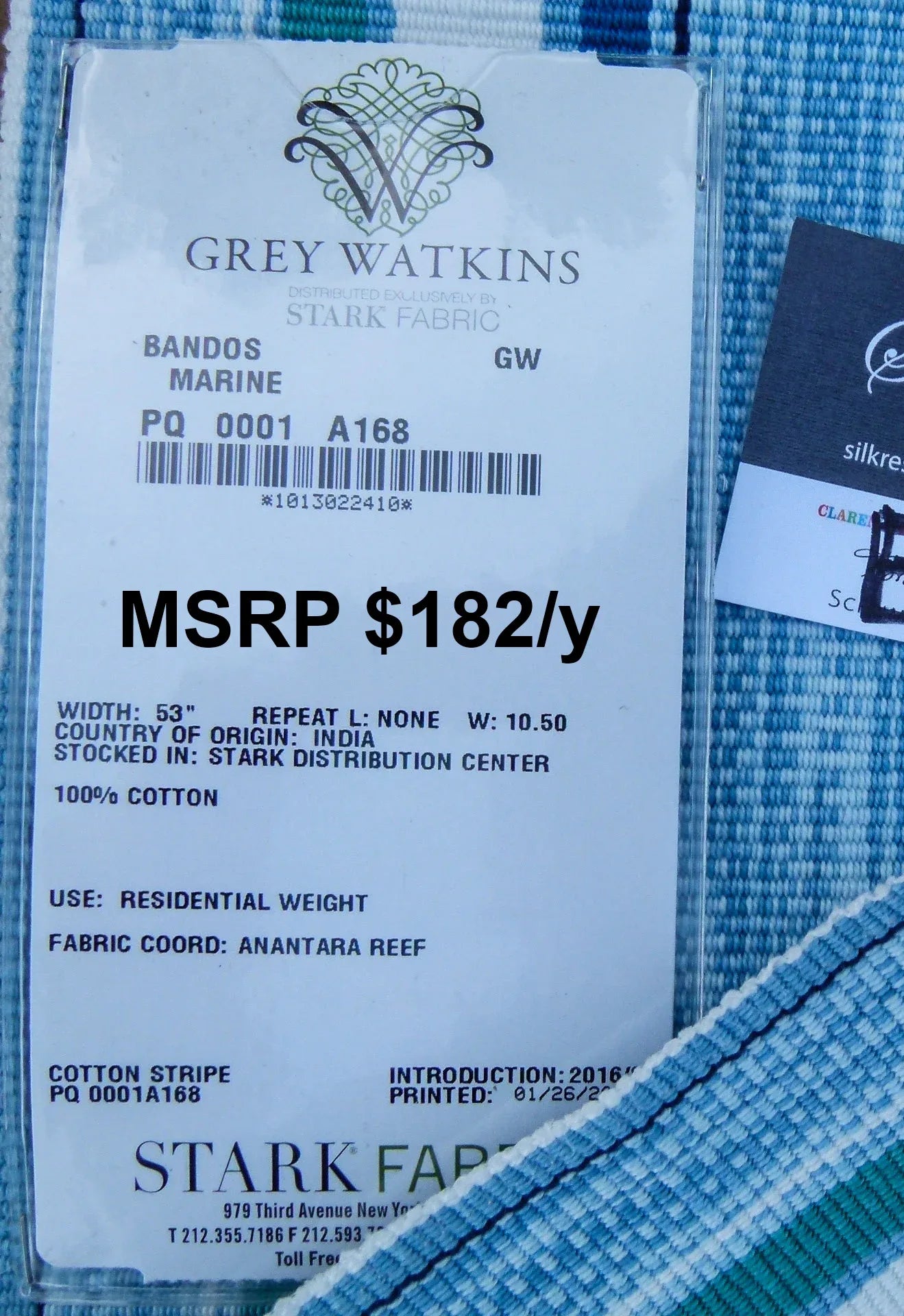 39 EV30 Scalamandre Grey Watkins Bandos Marine Blue Stripe Cotton Square 26x27 inches MSRP USD182/y