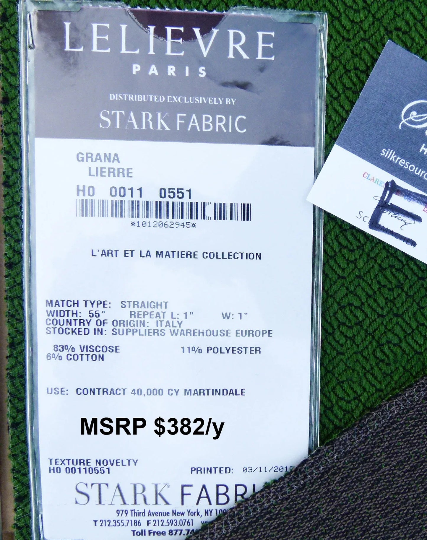 41 EV30 Scalamandre Lelievre Paris Grana Lierre Green Texture Novelty Square 20x26 inches MSRP USD382/y