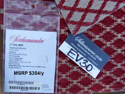 52 EV30 Scalamandre Tristan Weave Pomegranate Jacquard Diamond Ogee Red White Square 26 x 27 inches MSRP USD354/y