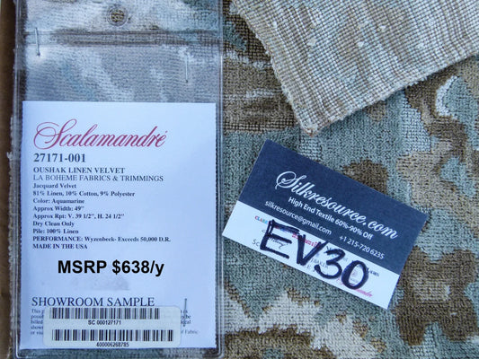 53 EV30 Scalamandre Oushak Linen Velvet Aquamarine Jacquard Blue Brown Linen Square 26 x 23 inches MSRP USD638/y