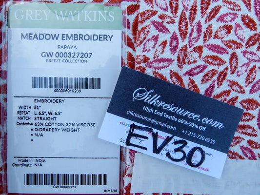 67 EV30 Scalamandre Grey Watkins Meadow Embroidery Pink Red White Leaf Pattern Square 26 x 25 inches MSRP USD 320/y