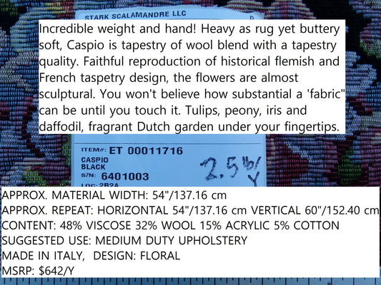 Scalamandre Caspio Black Wool Tapestry Flemish Tulip Rose Iris Daffodil Flower Super Heavy MSRP 642/y