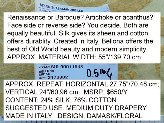 Scalamandre Bellona Midas Yellow Renaissance Silk Cotton Damask Floral Classic Beige MSRP USD 650/y