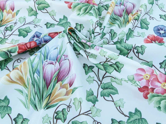 Scalamandre Grey Watkins Le Treillage Blush Pink on White Spring Garden Trellis Tulip Rose Crocus Boston Ivy MSRP USD 204/y