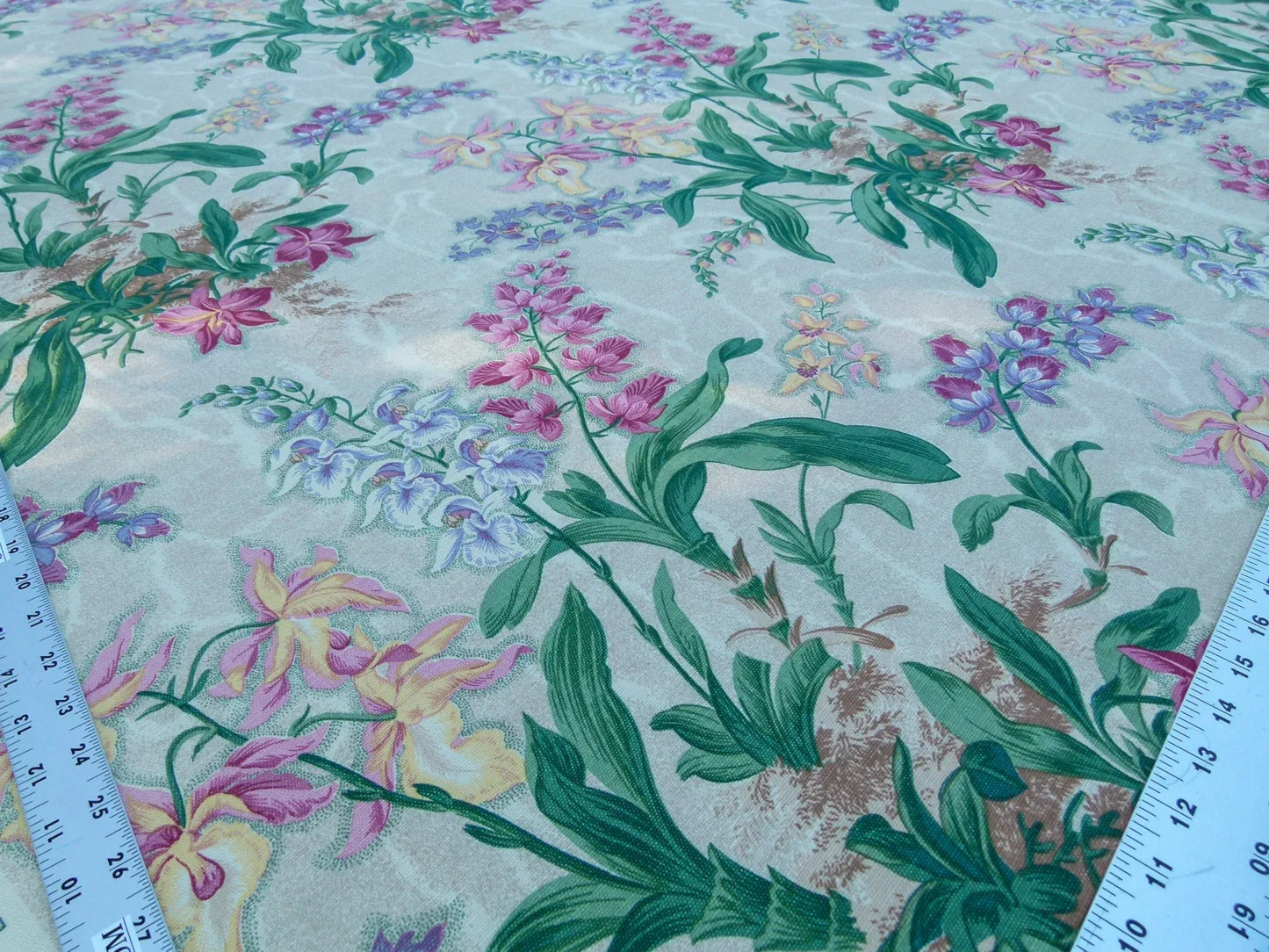 Scalamandre Marlyn Park Multi/Tan Antique Linen Orchid Tropical Print Foliage Flowers MSRP USD 188/y