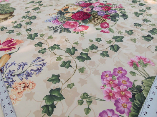Scalamandre Folie Flamande Rose on Beige Botanic Illustration Rose Dalia Tulip Ivy Crocus Morning Glory 33-screen! MSRP USD236/y