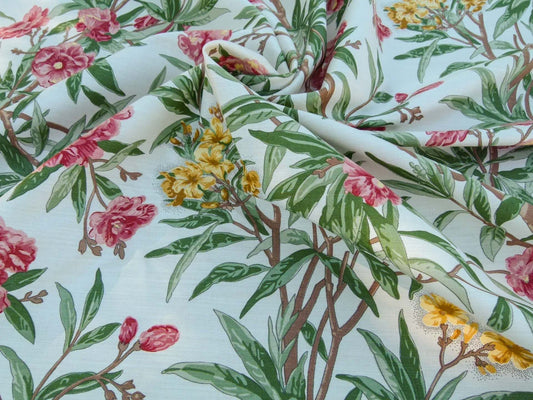Scalamandre Cliveden Multi/Ivory Oleander flower Tree Branch Tropical Print on Cotton Linen MSRP USD316/y