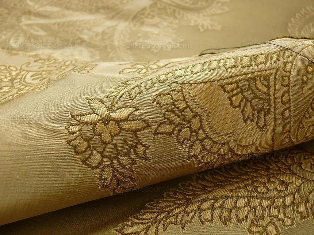 by yard 100% Silk Lampas Magnolia "sapling" Tan Green