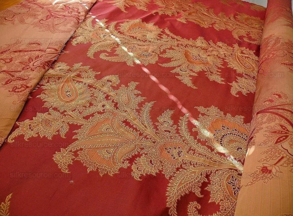 100% Silk Lampas Magnolia "russet" Red Gold