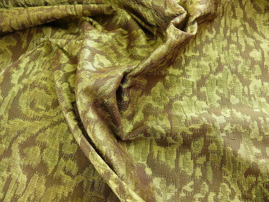 100% Silk Lampas Ikat Medallion "meadow" Green Brown Gold Reversible Mid-Century