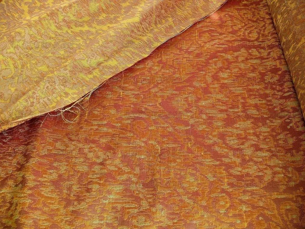 100% Silk Lampas Ikat Medallion "burnished" Red Pink, Orange Gold Reversible Mid-Century