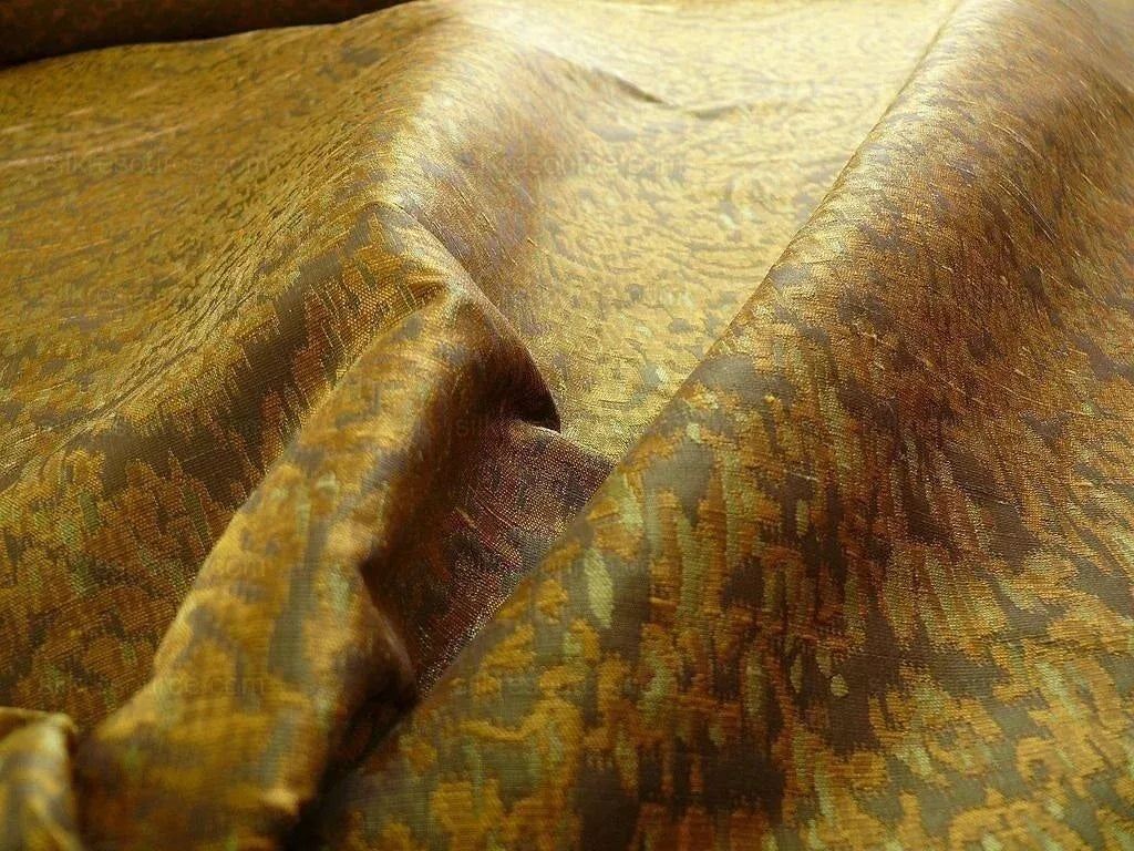 100% Silk Lampas Ikat Medallion "gilt" Gold Brown Reversible Mid-Century