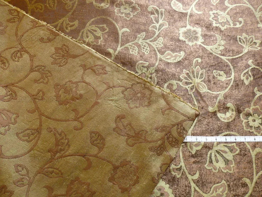 100% Silk Lampas Aged Metal Woven Flower "pear" Brown