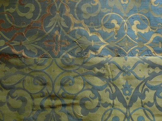 by yard 100% Silk Jacquard Filigree Mural Damask Filigree Mural "reflection" Blue Brown Gold Mid Century
