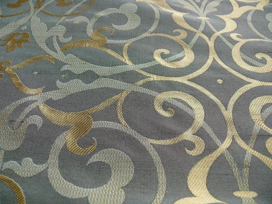 100% Silk Jacquard Filigree Mural Damask "smoke" Gray Silver Blue Mid Century