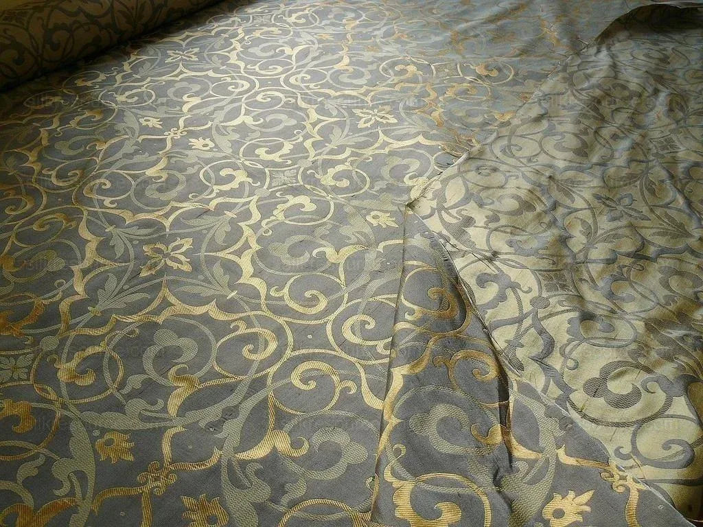 Memo Lending 100% Silk Jacquard Filigree Mural Damask "smoke" Gray Silver Blue Mid Century