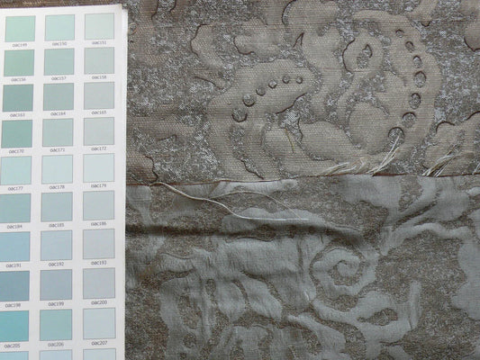 by yard 100% Silk Jacquard Papercut Pomegranate Flower "december" Silver Mid Century Strie