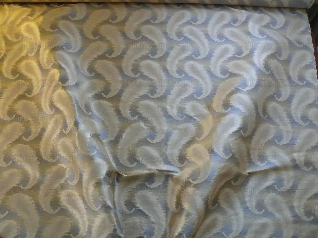 100% Silk Jacquard Hazy Paisley Ikat "almond" Gray Blue Beige Thick Reversible
