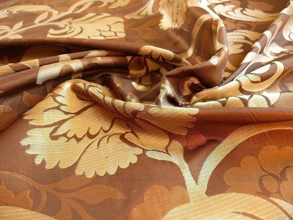 100% Silk Lampas Carnation Crewel "cognac" Brown Gold Reversible Layered