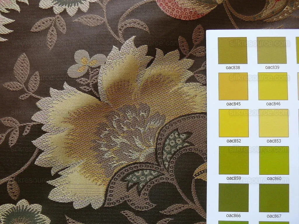 By yard 100% Silk Lampas Spring Garland "chocolate" Brown