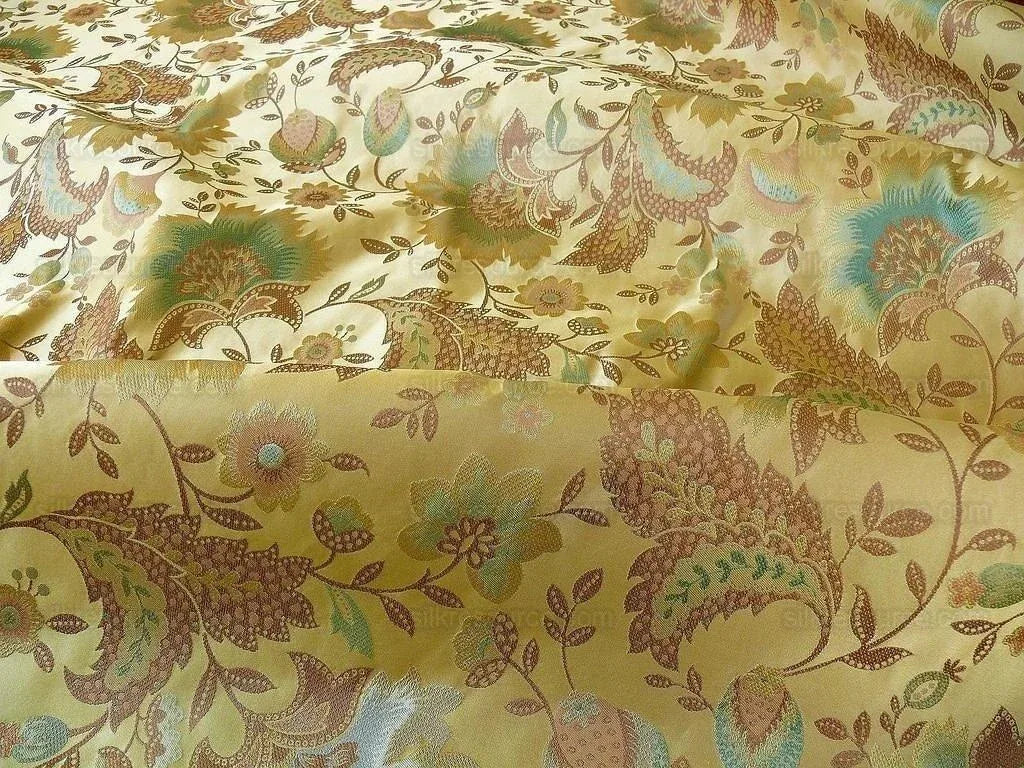 By yard 100% Silk Lampas Spring Garland "vintage" Gold Blue Green