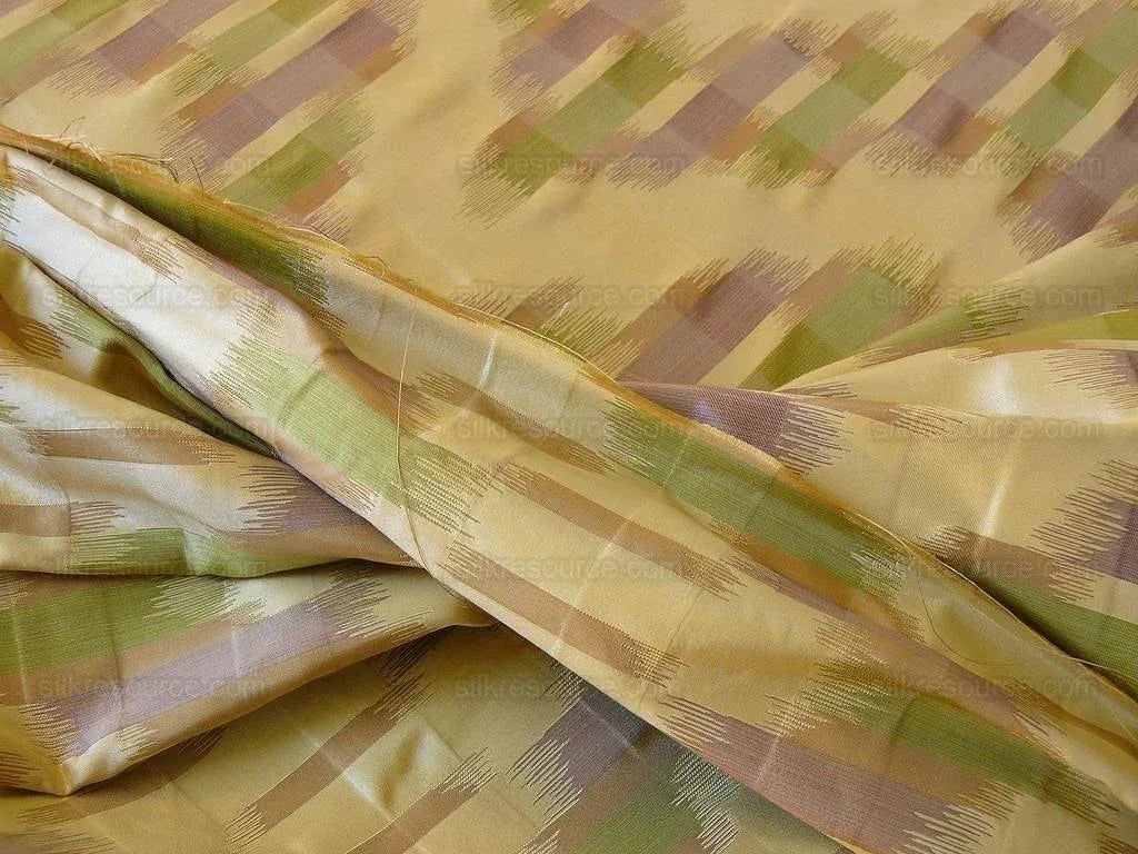 100% Silk Lampas Ikat Wave Chevron "lilac" Purple Green Gold Cream Khaki MSRP USD 268