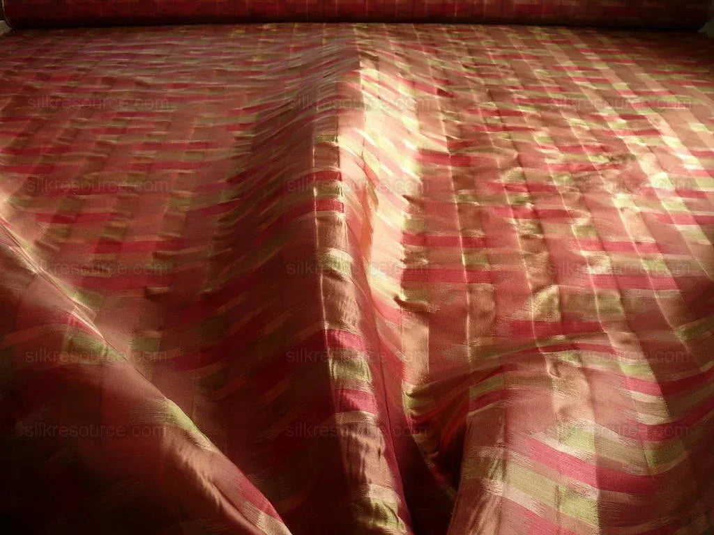 100% Silk Lampas Ikat Wave "redwood" Red Pink Green MSRP USD 268/y